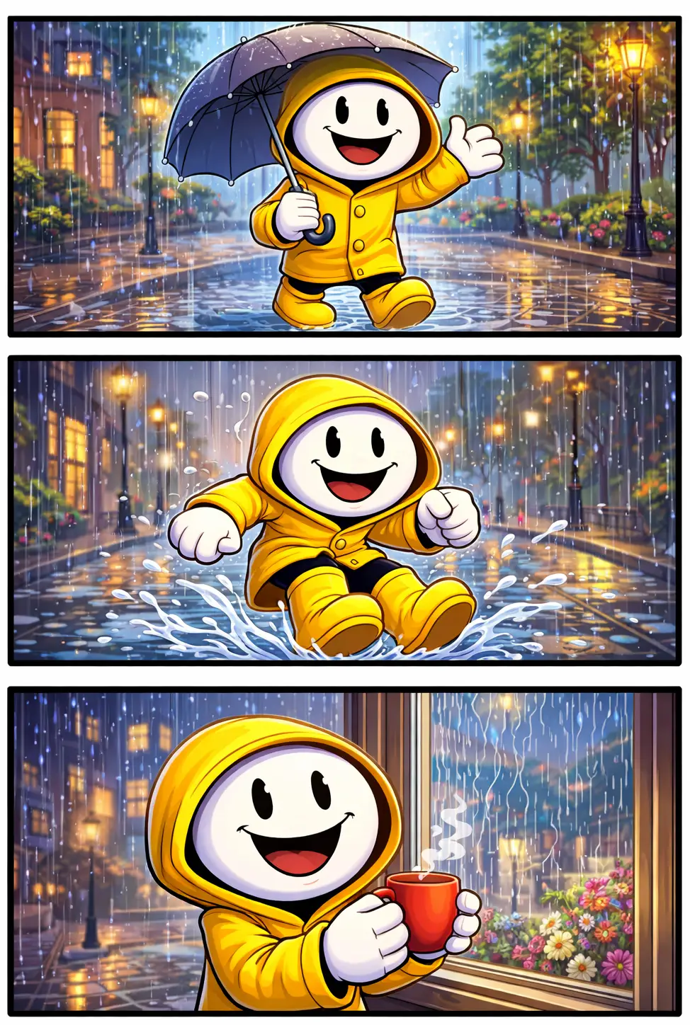 Driepanelige Toonwords-strip met een stickman die een regenjas draagt in verschillende regenscènes, passend bij het Nederlandse woord “regenjas”.