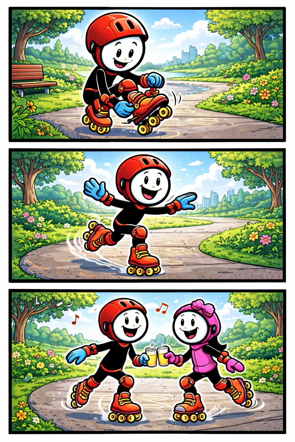 Stripafbeelding van een stickman die met een rolschaats door het park rolt.
