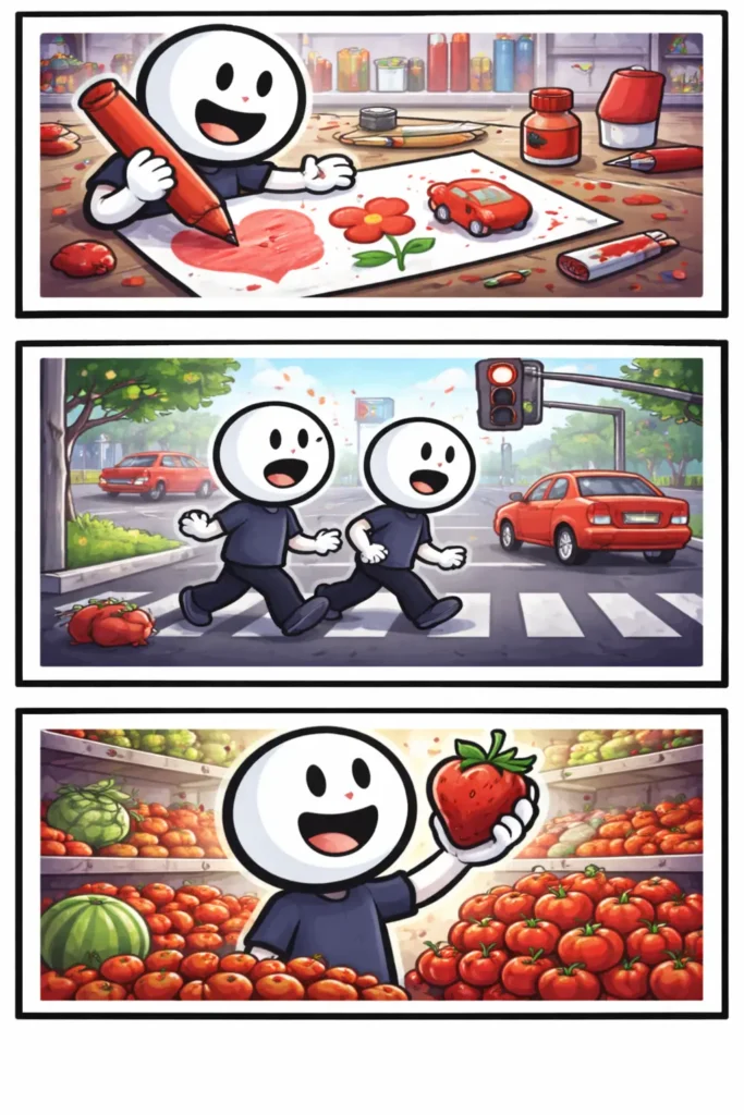 Stripafbeelding met drie panelen van stickman-figuurtjes in Toonwords-stijl waarin de kleur rood duidelijk zichtbaar is, met het Nederlandse woord “Rood” als onderwerp.