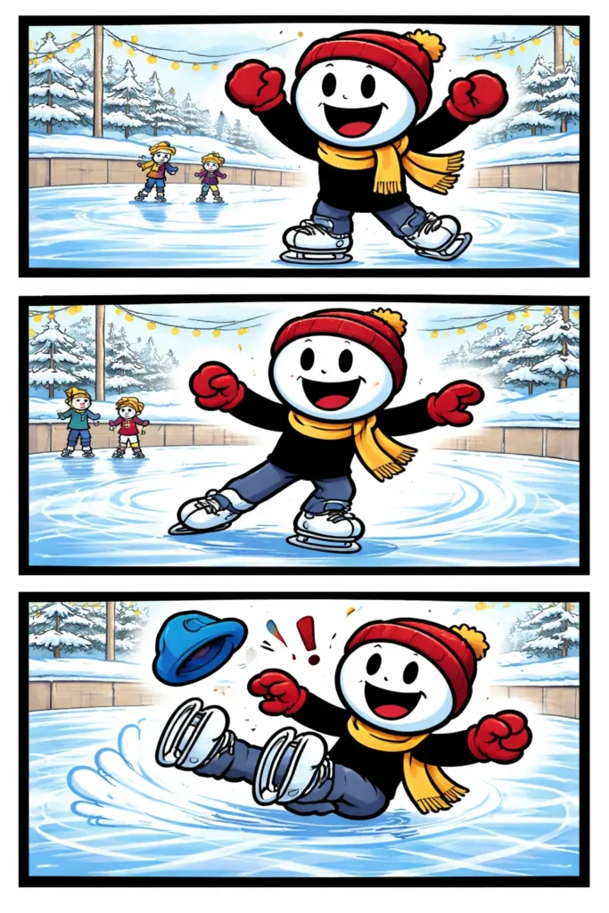 Toonwords-stripafbeelding met stickman-figuurtjes op een schaatsbaan met glad ijs.