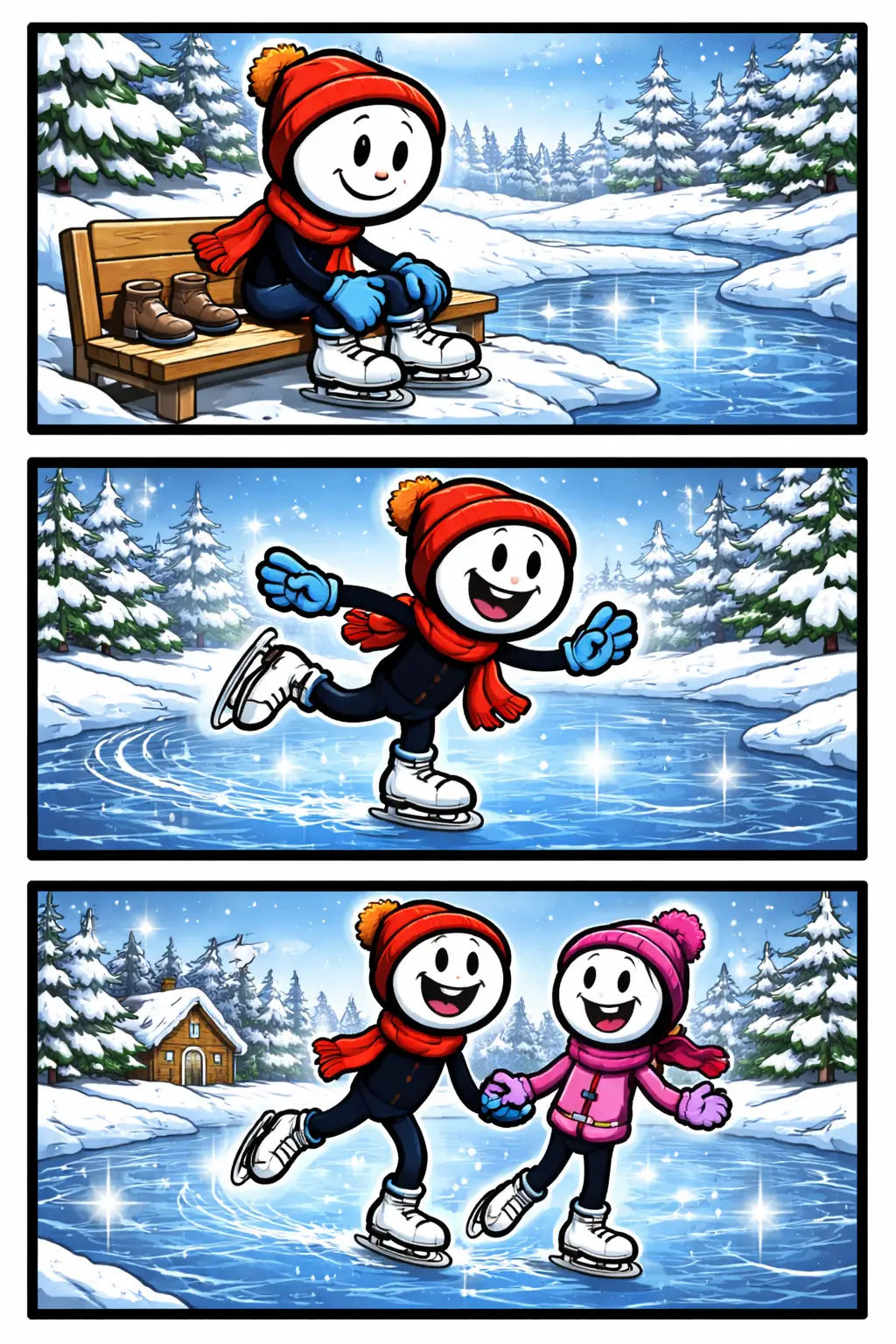 Stripafbeelding van een stickman die met een schaats over het ijs glijdt.