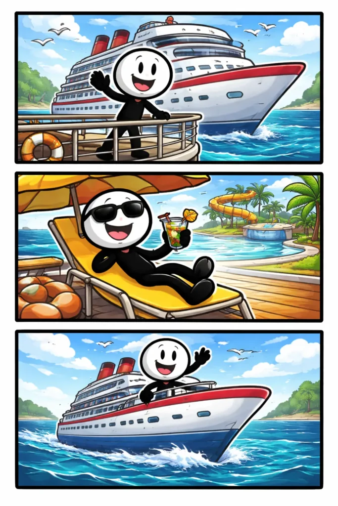 Stripafbeelding van een stickman in Toonwords-stijl bij een schip, weergegeven in drie kleurrijke panelen onder elkaar.