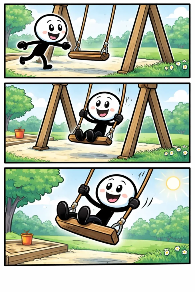 Stickman in Toonwords-stijl die op een schommel zit en heen en weer zwaait in een speeltuin.