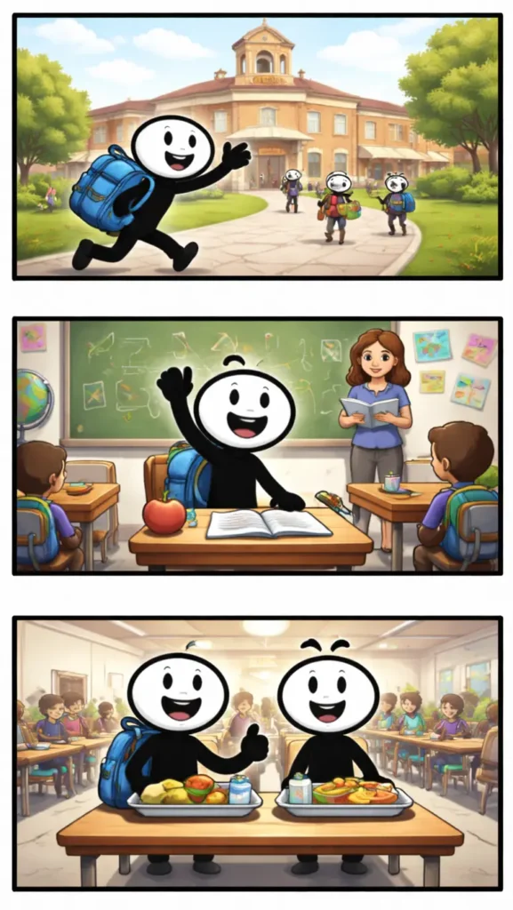 Drie-panelen stripafbeelding in Toonwords-stijl met een stickman die school laat zien, passend bij het Nederlandse woord School.