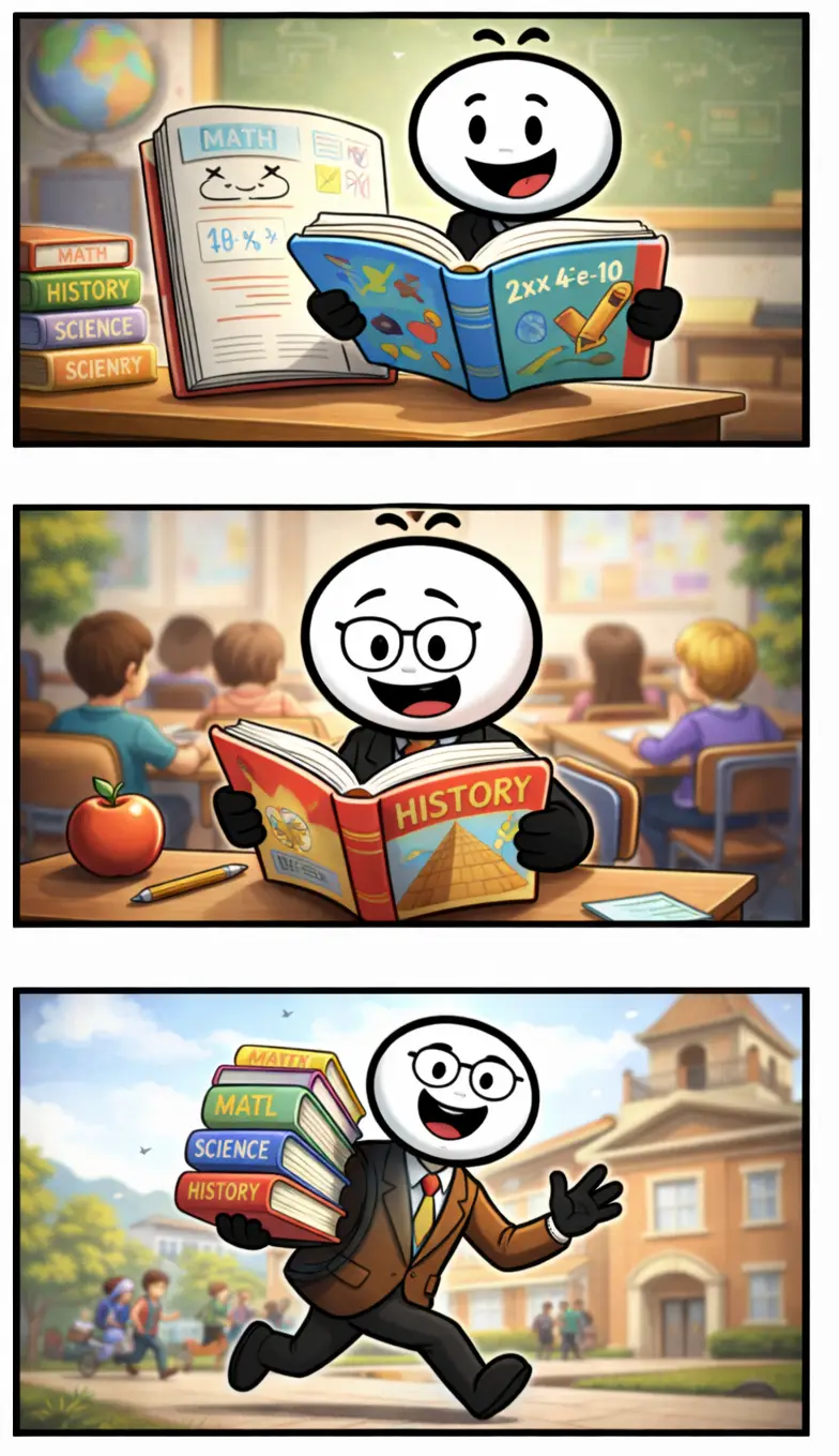 Drie-panelen stripafbeelding in Toonwords-stijl met een stickman en een schoolboek, passend bij het Nederlandse woord Schoolboek.