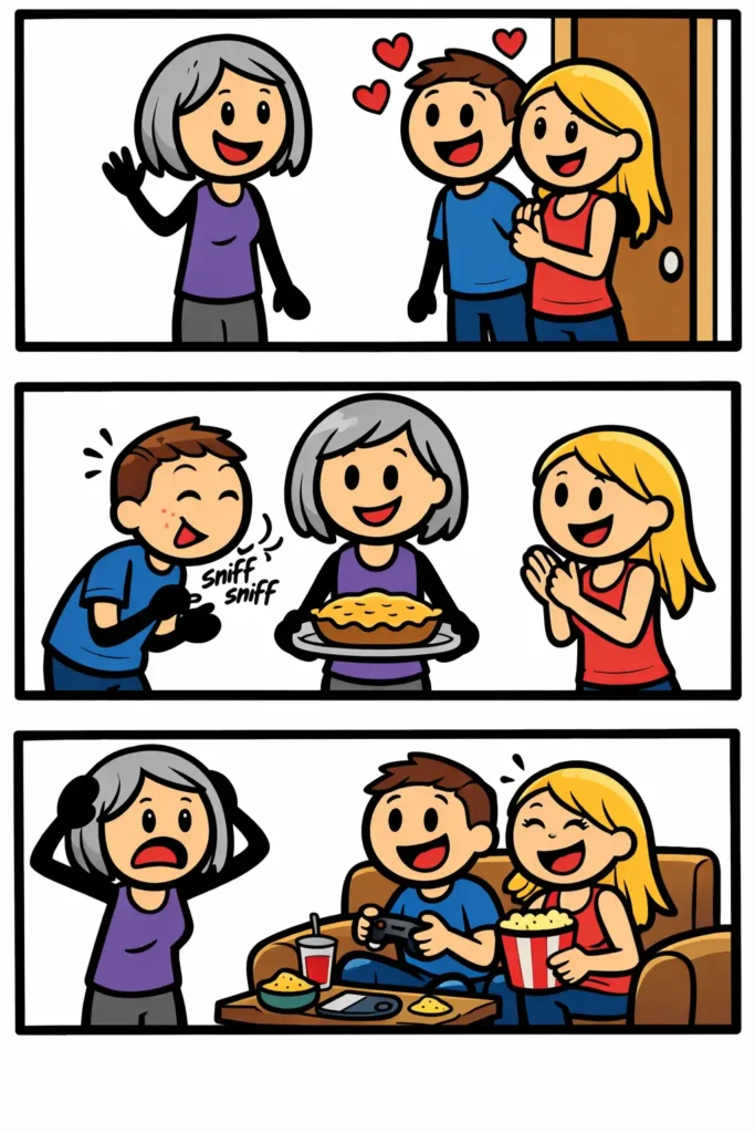 Driepanelige stripafbeelding in Toonwords-stijl met een stickman en zijn schoondochter Renske die samen tijd doorbrengen met de familie, in kleur, zonder tekst, bij het woord Schoondochter.