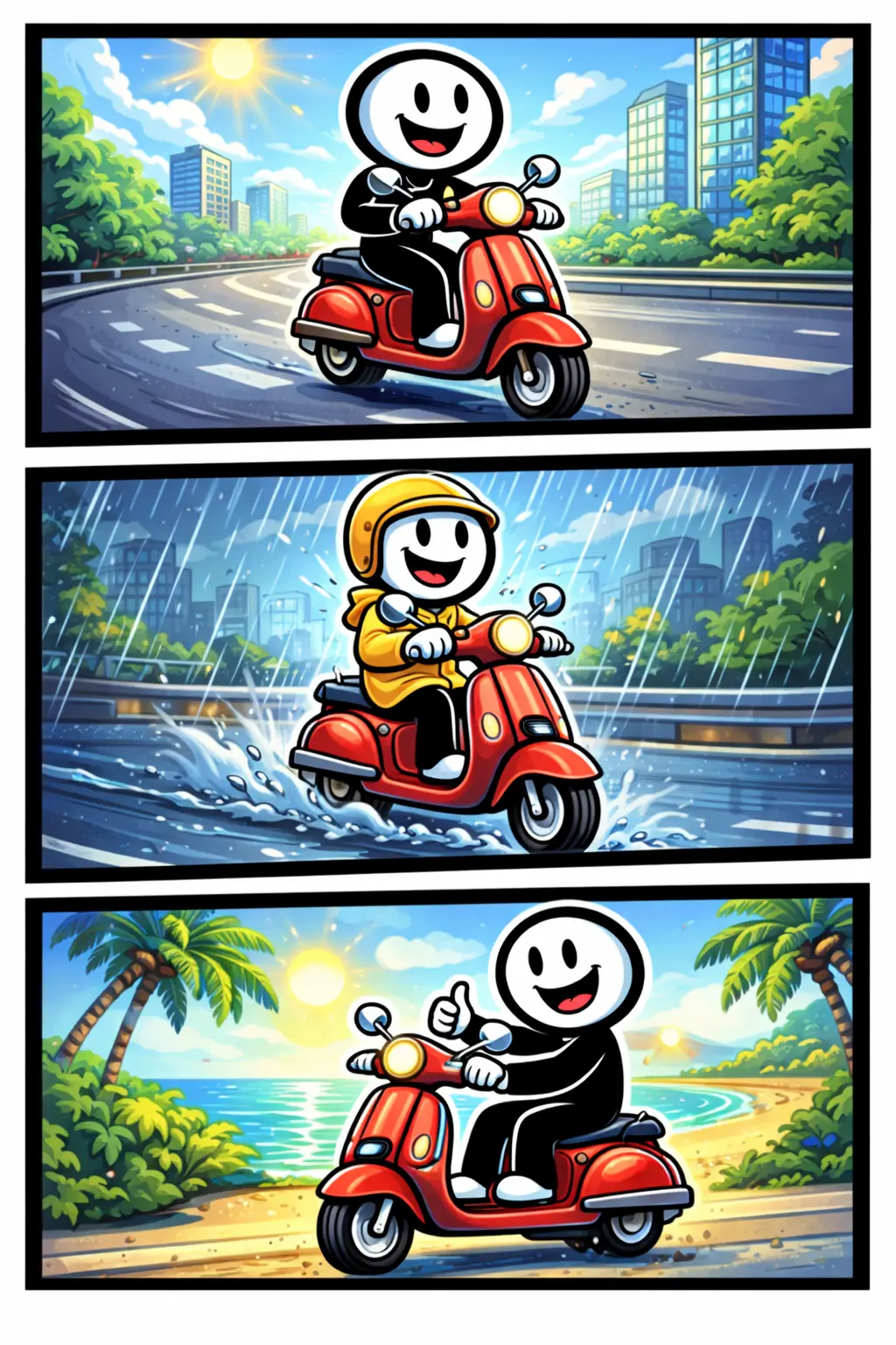 Driepanelige stripafbeelding in Toonwords-stijl van een stickman met een scooter, zonder tekst, over het woord Scooter.