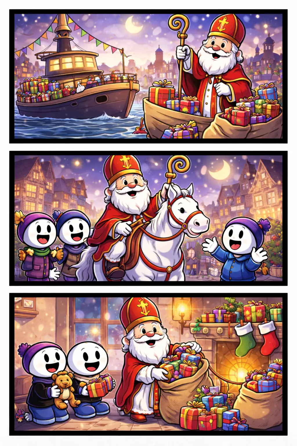 Toonwords-stripafbeelding met stickman-figuurtjes en Sinterklaas die cadeautjes uitdeelt.