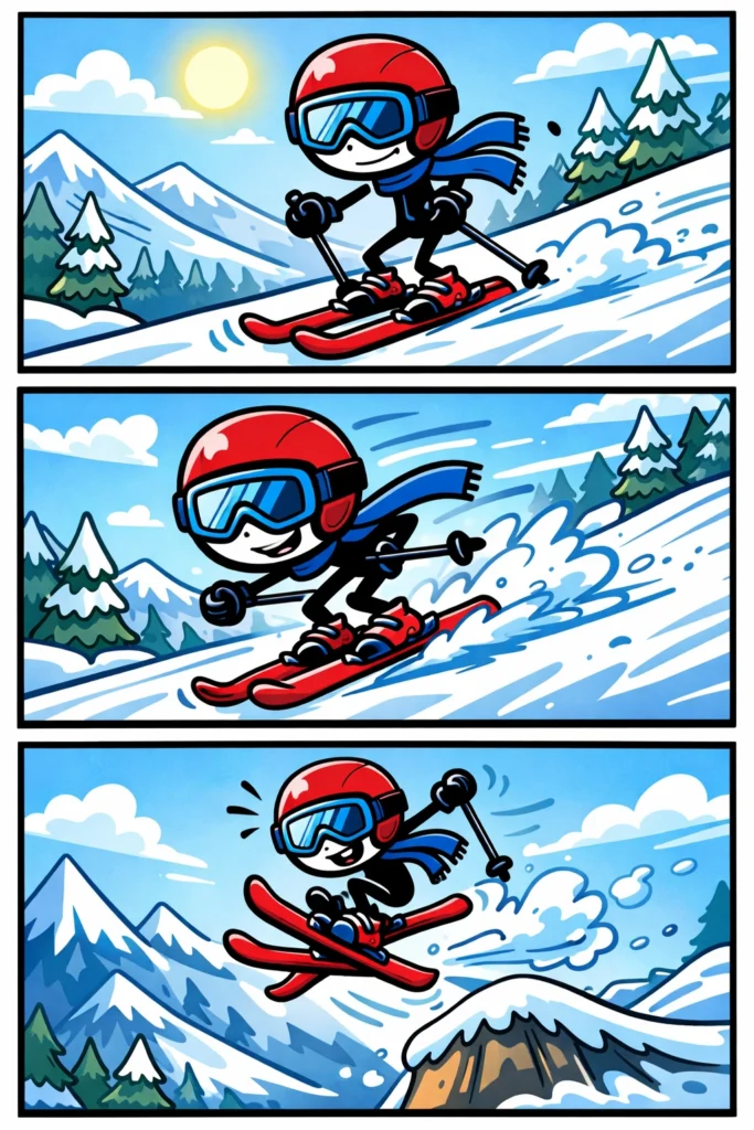 Stripafbeelding van een skiër in Toonwords-stijl die van een besneeuwde berg af skiet, bij het woord “skiën”.