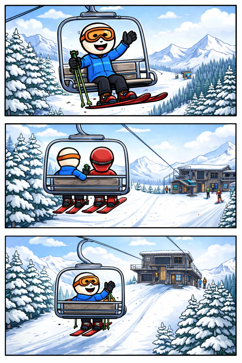 Drie-panelen stripafbeelding in Toonwords-stijl van een stickman in een skilift, met het Nederlandse woord skilift als centraal thema.