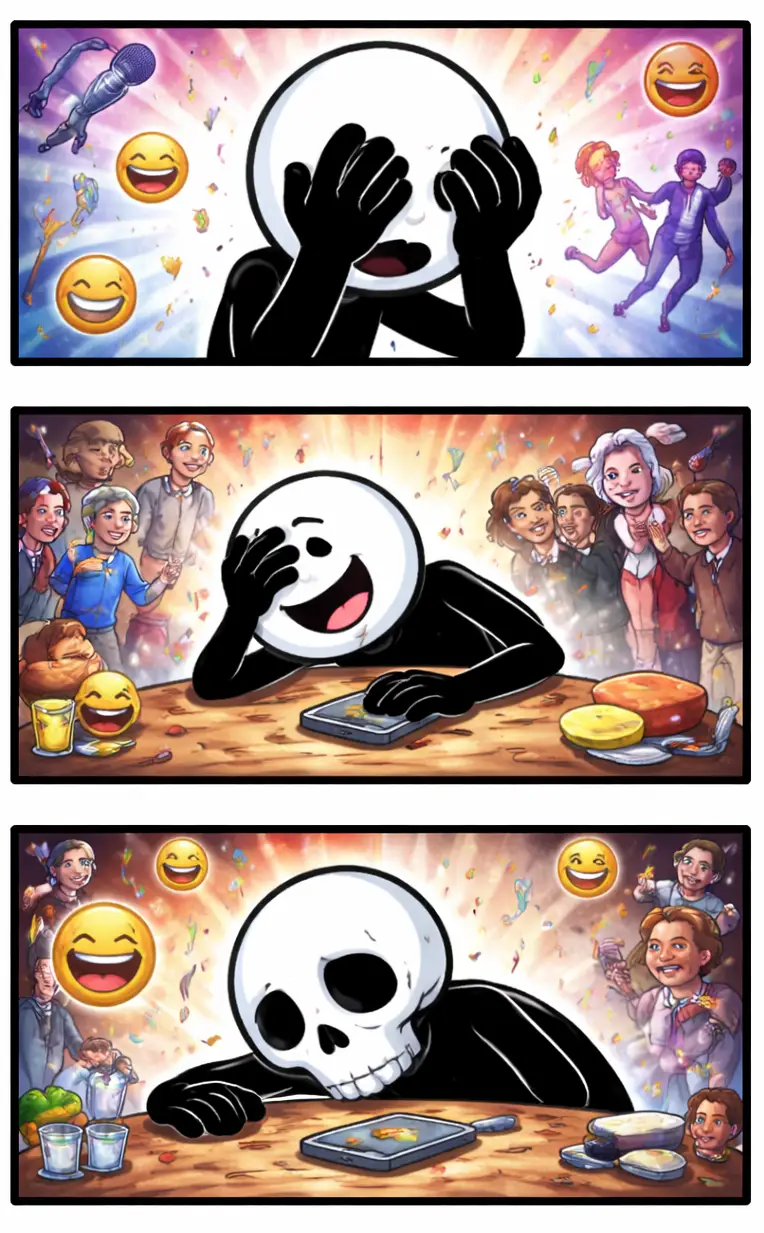 Drie-panelen stripafbeelding in Toonwords-stijl met een stickman die skull uitbeeldt.