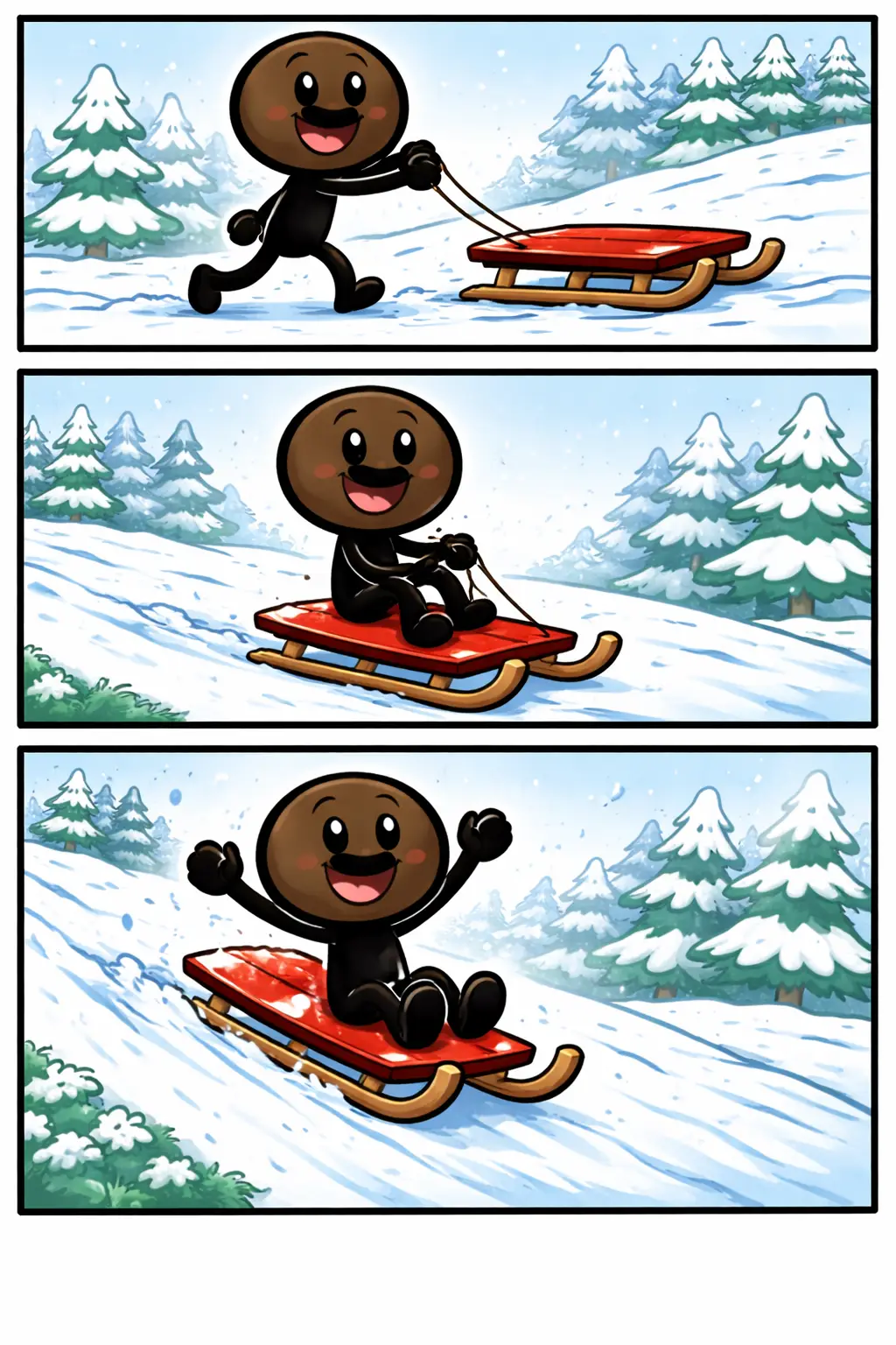 Stickman in Toonwords-stijl die op een slee door de sneeuw glijdt, met winterlandschap op de achtergrond en het Nederlandse woord slee.