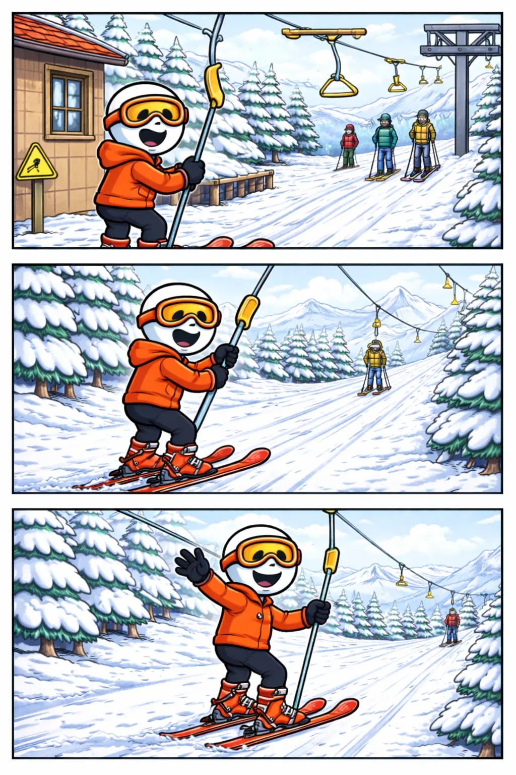 Drie-panelen stripafbeelding in Toonwords-stijl van een stickman die met een sleeplift omhoog wordt getrokken, met het Nederlandse woord sleeplift als centraal thema.