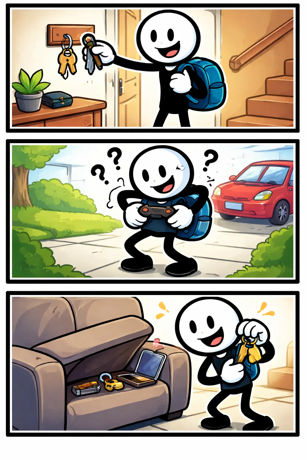 Driepanelige stripafbeelding in Toonwords-stijl met een stickman en zijn sleutels, in kleur, zonder tekst, bij het woord Sleutels.