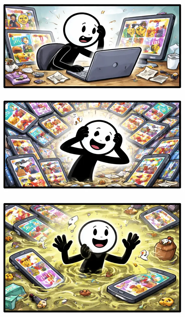 Drie-panelen stripafbeelding in Toonwords-stijl met een stickman die slop verbeeldt.