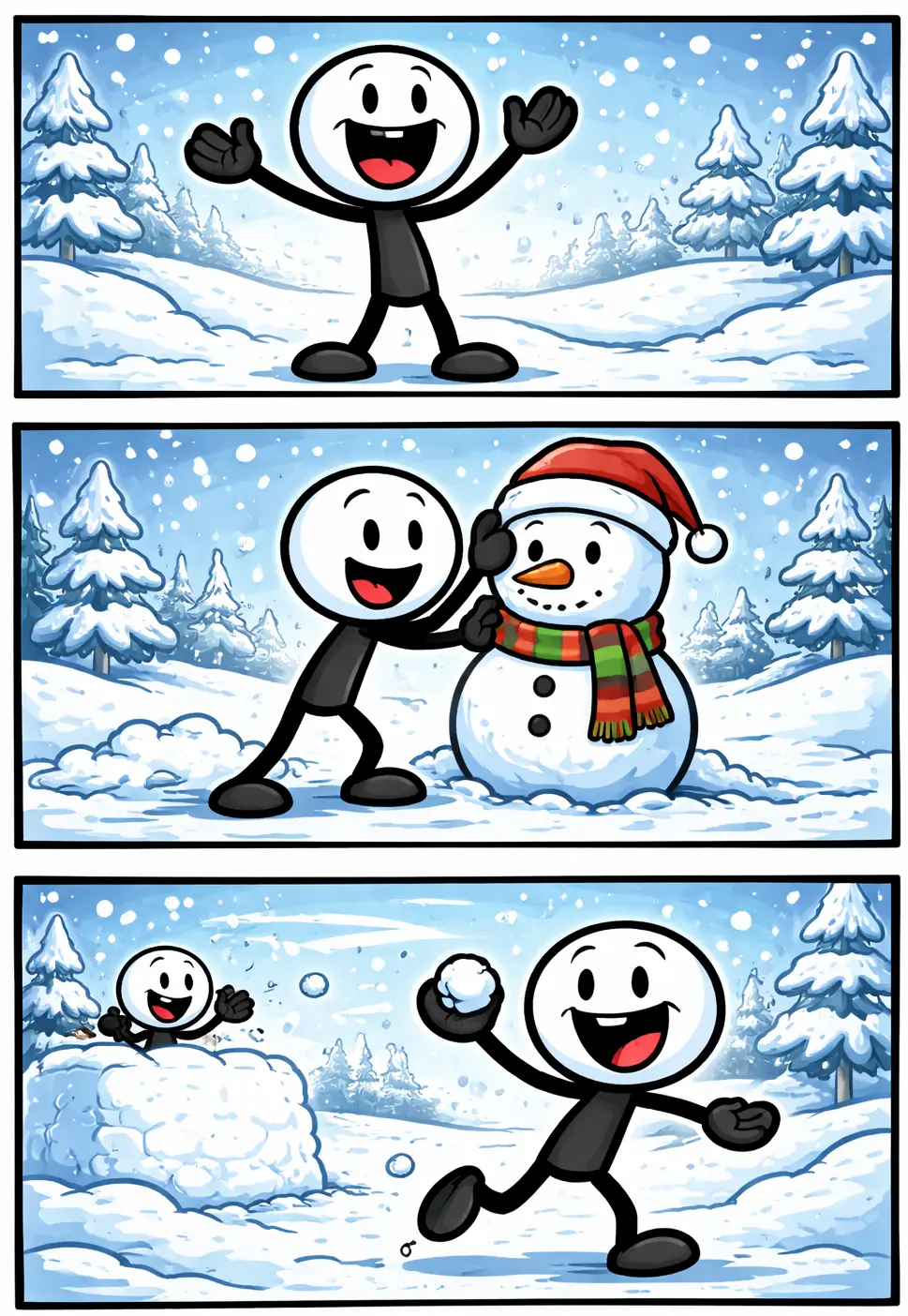 Een Toonwords-strip met drie panelen onder elkaar van een stickman in een sneeuwlandschap, spelend met sneeuw en een sneeuwpop; passend bij het Nederlandse woord “sneeuw”.