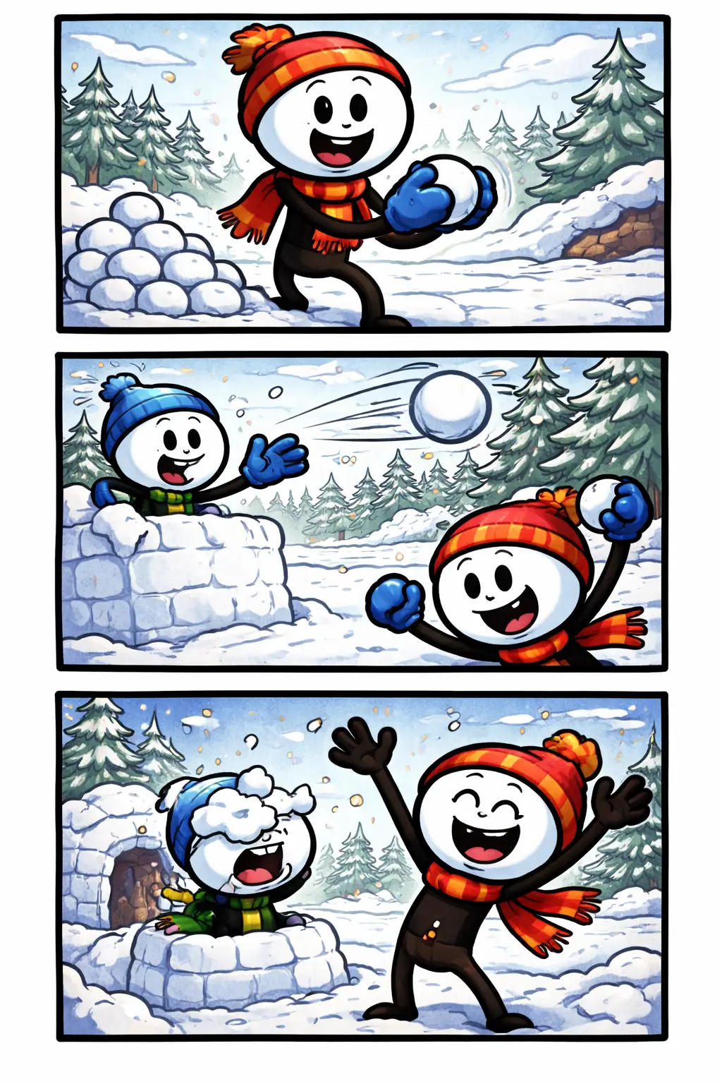 Stripafbeelding van een stickman in Toonwords-stijl over sneeuwbal, drie panelen onder elkaar, in kleur, zonder tekst.