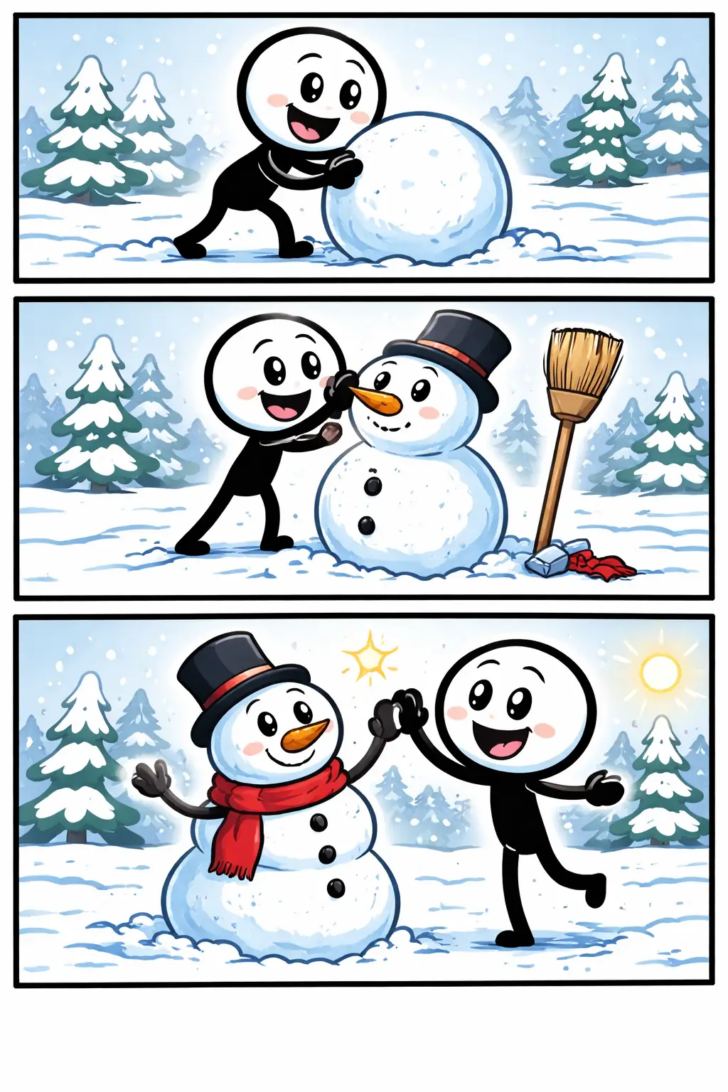 Stickman in Toonwords-stijl die een sneeuwpop bouwt in de sneeuw, met winterse achtergrond.