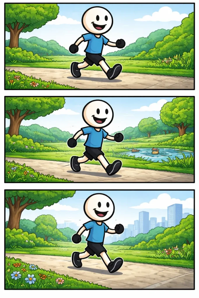 Drie-panelen stripafbeelding in Toonwords-stijl van een stickman die aan het snel wandelen is, met het Nederlandse woord snel wandelen als centraal thema.