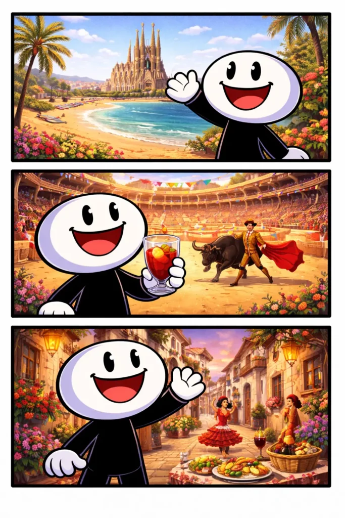 Driepanelige Toonwords-strip met een stickman in Spaanse sferen zoals stranden, witte straatjes en stierenvechtstijl, passend bij het Nederlandse woord “Spanje”.