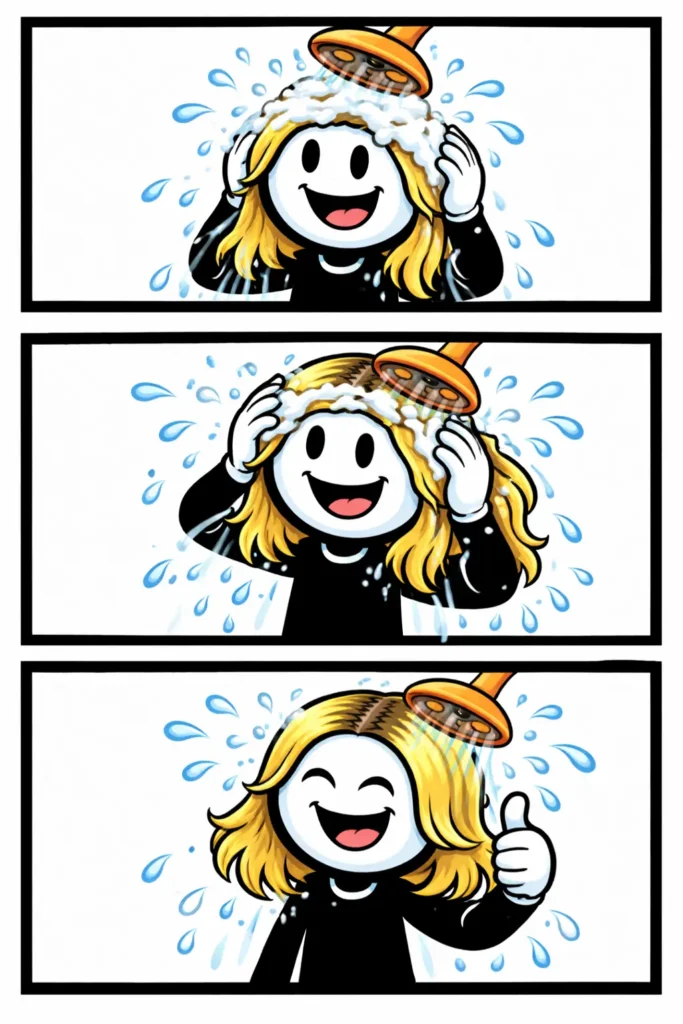 Toonwords-stripafbeelding met een stickman die het haar aan het spoelen is onder de douche.