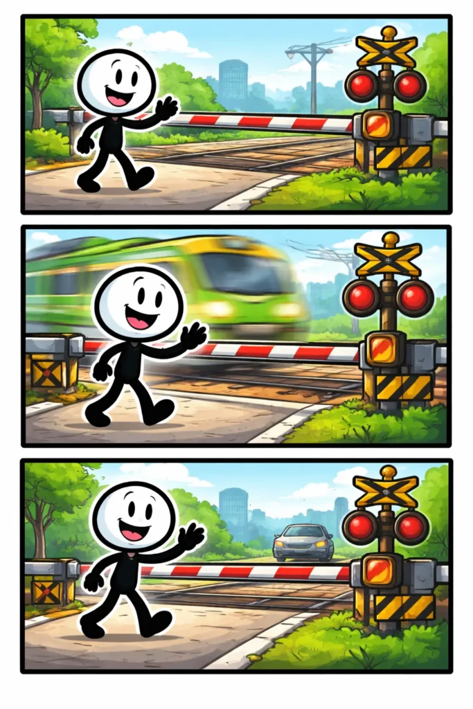 Stripafbeelding van een stickman in Toonwords-stijl bij een spoorwegovergang, verdeeld over drie kleurrijke panelen onder elkaar.