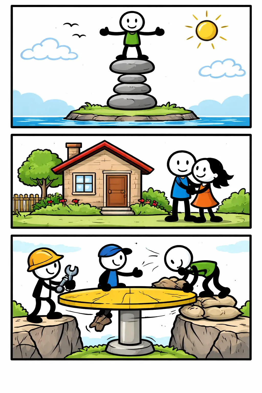 Stickman-strip in drie panelen over Stabiliteit, waarin figuurtjes stevig staan, elkaar ondersteunen en balans behouden zonder tekst.