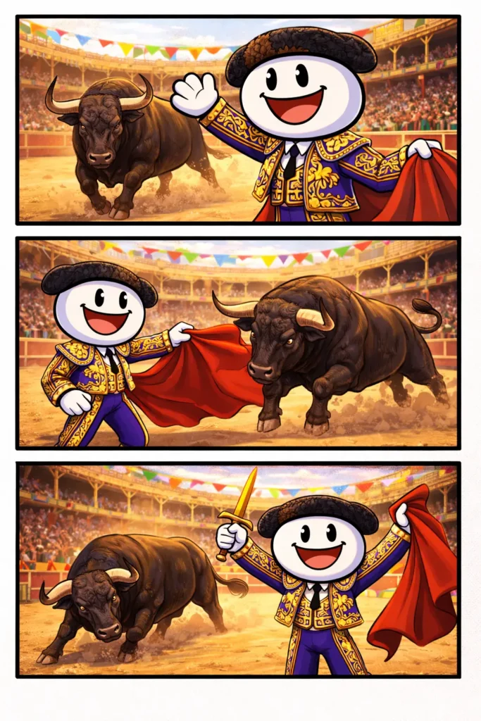 Driepanelige Toonwords-strip met een stickman als stierenvechter in een Spaanse arena, passend bij het Nederlandse woord “stierenvechter”.