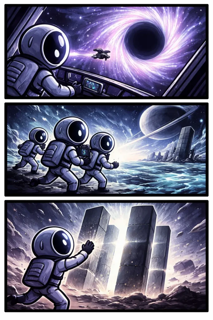 Toonwords-strip met stickman-figuurtjes in het ruimteverhaal Stinterellar met astronauten, planeten en een mysterieus portaal.