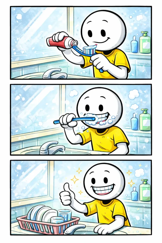 Stripafbeelding van een stickman die tandenpoetst bij de wastafel.