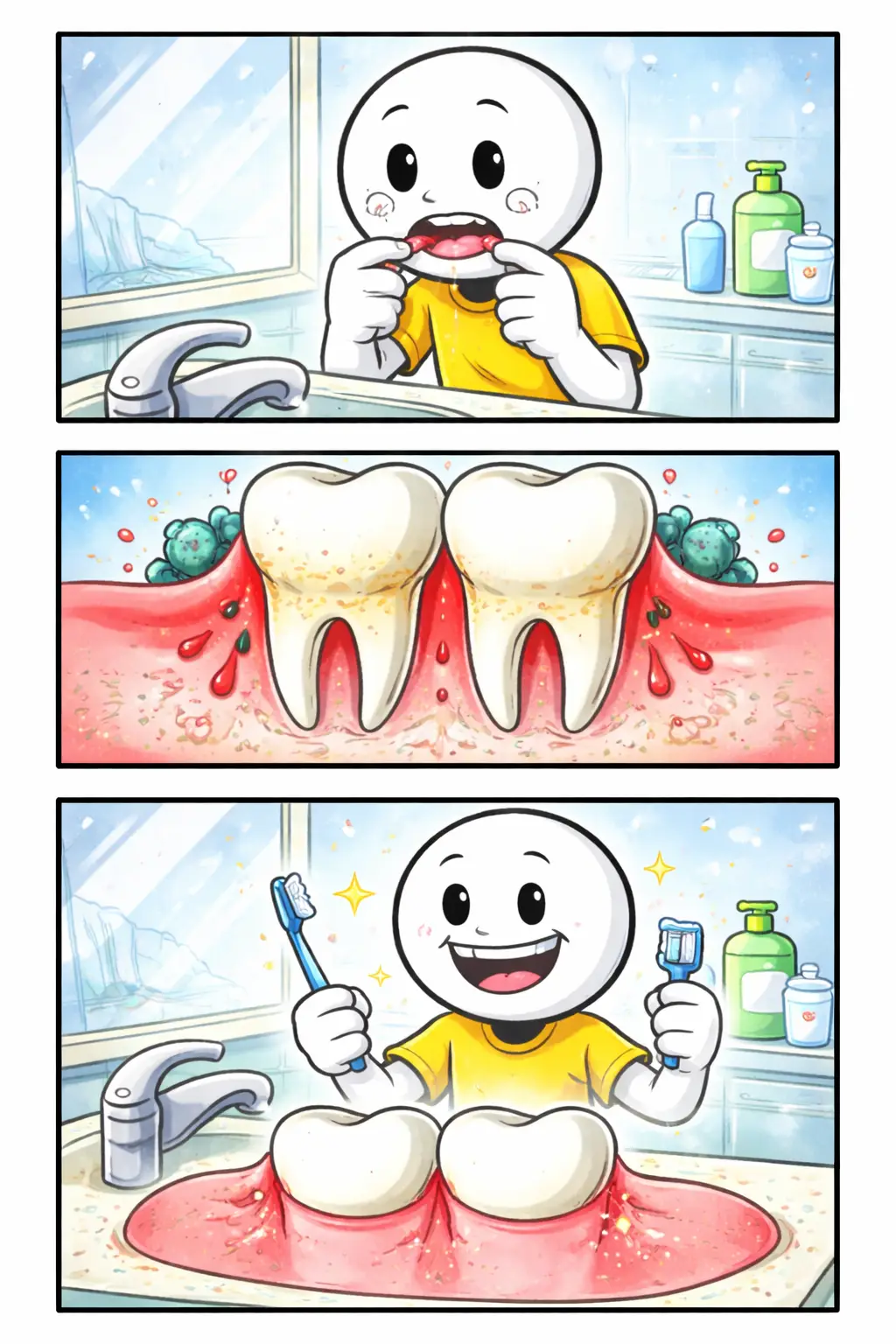 Stripafbeelding van een stickman die zijn tandvlees verzorgt bij de spiegel.