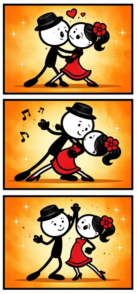 Drieluik met drie panelen onder elkaar waarin stickman-figuurtjes in Toonwords-stijl Tango dansen, met krachtige houdingen en warme kleuren.