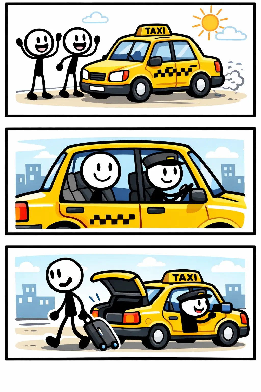 Stripafbeelding met drie panelen van een gele taxi en stickman-figuurtjes in Toonwords-stijl, met het Nederlandse woord “Taxi” als onderwerp.