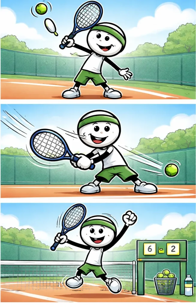 Stripafbeelding van een tennisspeler in Toonwords-stijl die een punt scoort met tennis.
