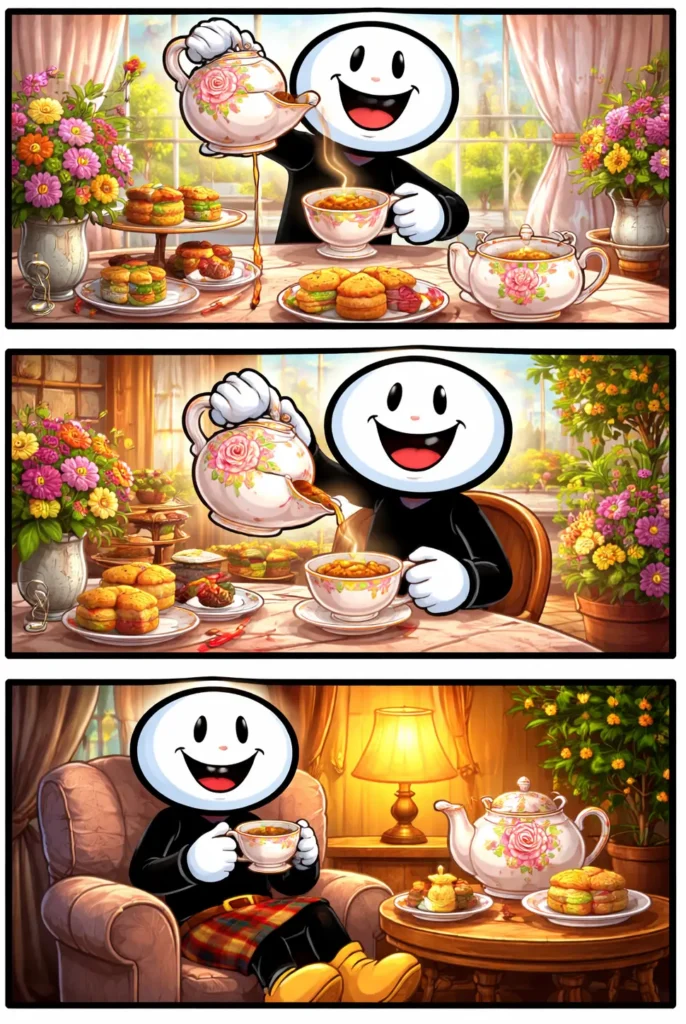 Driepanelige Toonwords-strip met een stickman en een theepot in verschillende vrolijke scènes, passend bij het Nederlandse woord “theepot”.