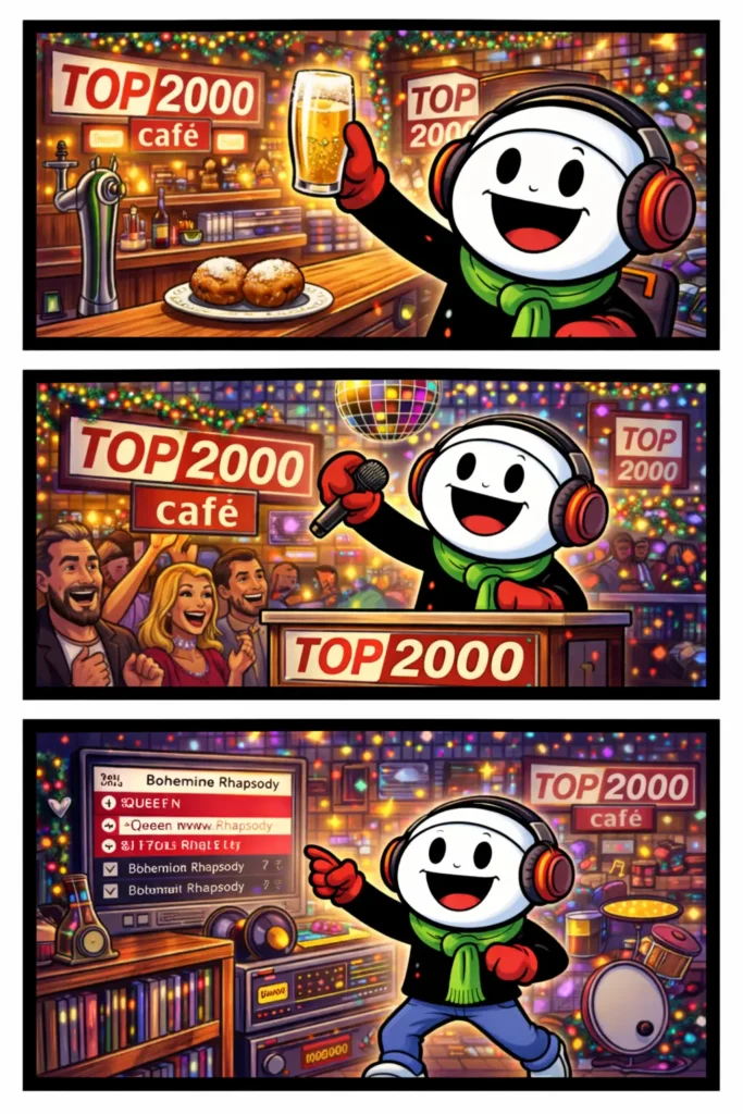 Toonwords-strip met stickman die geniet van de Top 2000 tijdens de jaarwisseling met muziek en sfeer.