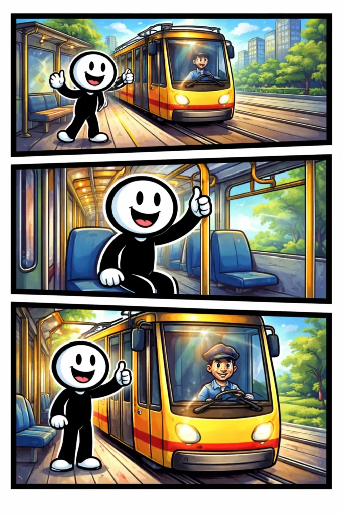 Driepanelige stripafbeelding in Toonwords-stijl van een stickman bij en in een tram, zonder tekst, bij het Nederlandse woord Tram.