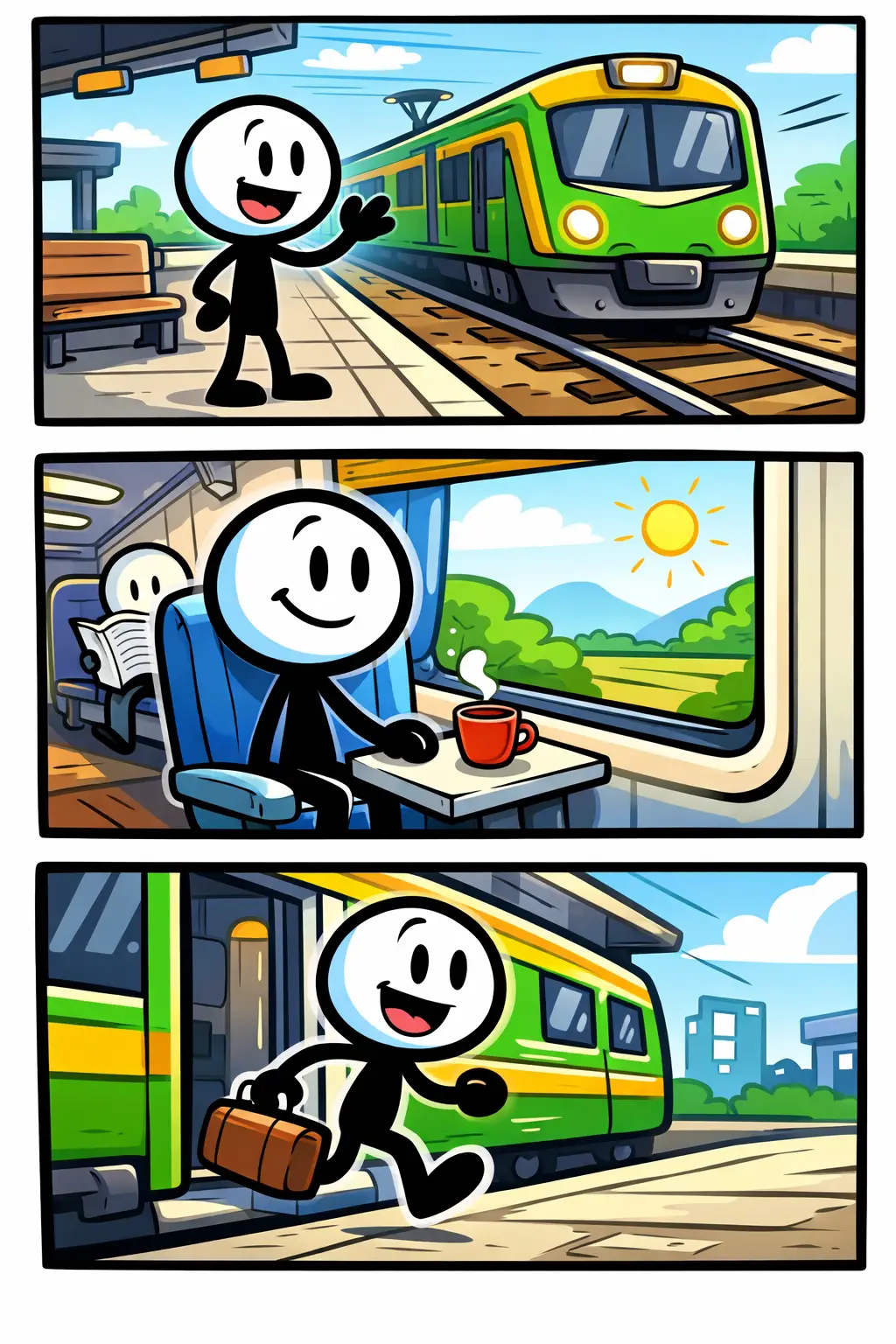 Stripafbeelding van een stickman in Toonwords-stijl die te maken heeft met een trein, verdeeld over drie kleurrijke panelen onder elkaar.