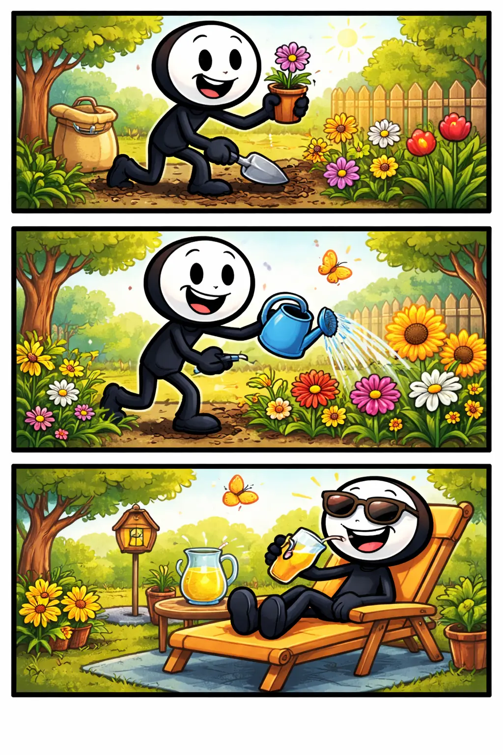 Strip van een Toonwords-stickman over het woord “tuin” in drie panelen onder elkaar, in kleur en zonder tekst.