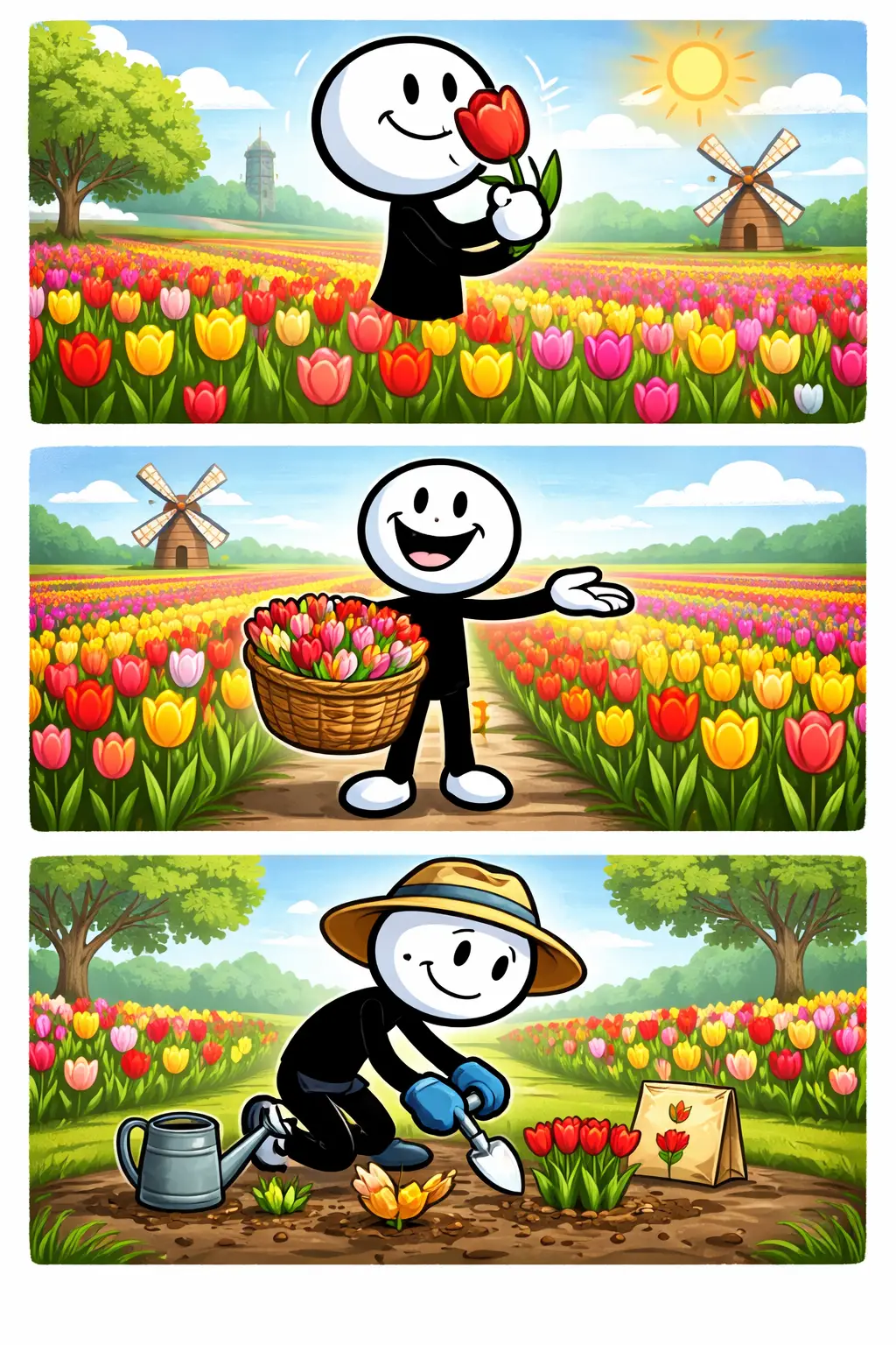 Driepanelige stripafbeelding in Toonwords-stijl met een stickman en kleurrijke tulpen, passend bij het Nederlandse woord “tulp”.