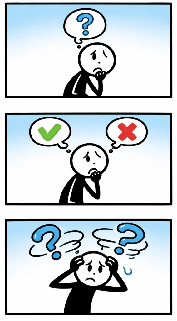 Driepanelige stripafbeelding met een stickman die Twijfelen uitbeeldt, terwijl vraagtekens en verschillende keuzemogelijkheden boven zijn hoofd verschijnen.