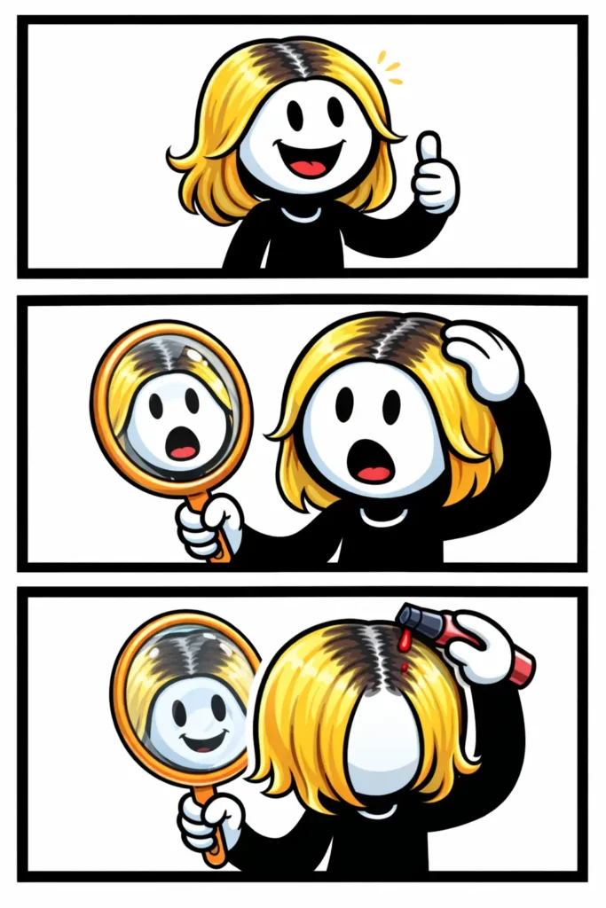 Stripafbeelding in Toonwords-stijl met een stickman waarbij de uitgroei van gekleurd haar duidelijk zichtbaar is.