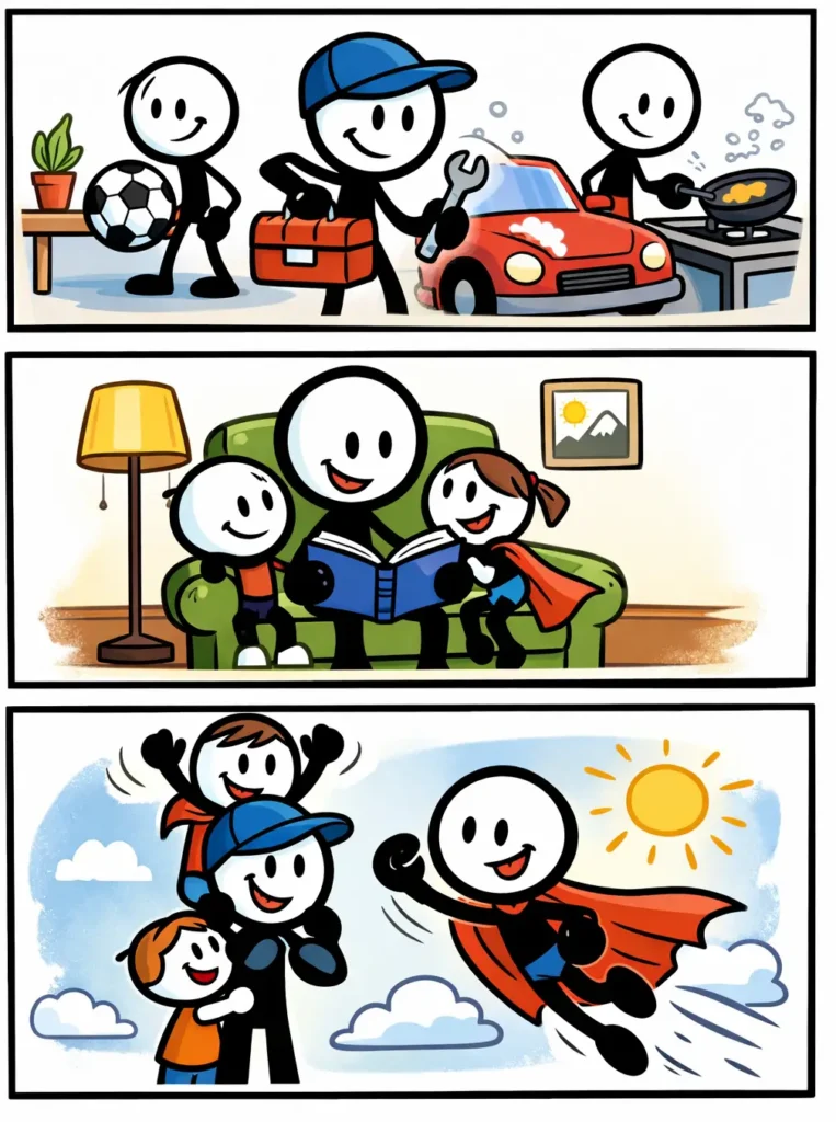 Stripafbeelding van een stickman in Toonwords-stijl over het Nederlandse woord “vader”, met drie panelen onder elkaar in kleur, zonder tekst.