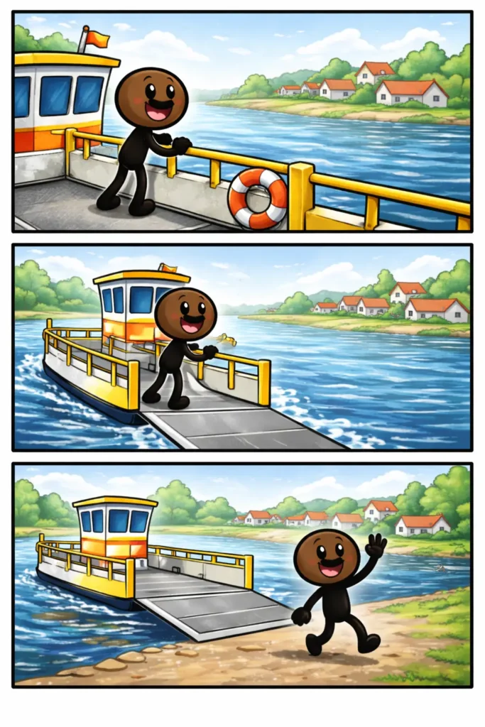 Drieluik met een stickman in Toonwords-stijl die op een veerpont over het water vaart.