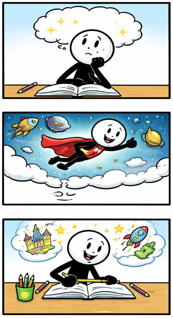 Driepanelige stripafbeelding met een stickman die Verbeelden laat zien, terwijl fantasiebeelden en ideeën boven zijn hoofd verschijnen.