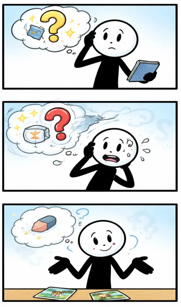 Driepanelige stripafbeelding met stickman-figuurtjes die Vergeten uitbeelden, waarbij herinneringen langzaam vervagen uit het hoofd.