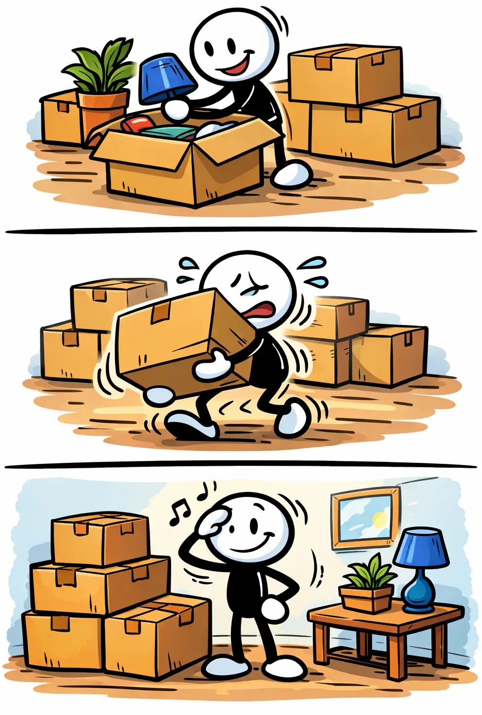 Stickman die bezig is met een verhuisdoos (toonword: verhuisdoos), drie panelen onder elkaar, kleurrijk in Toonwords-stijl.