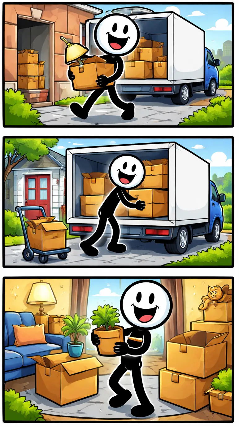 Toonwords strip met stickman die aan het verhuizen is: dozen dragen, vrachtwagen uitladen en uitpakken in het nieuwe huis, in kleur en zonder tekst