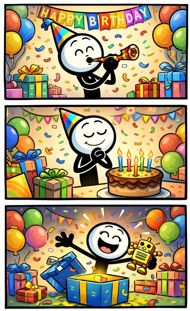 Stripafbeelding van een stickman in Toonwords-stijl over verjaardag, drie panelen onder elkaar, in kleur, zonder tekst.