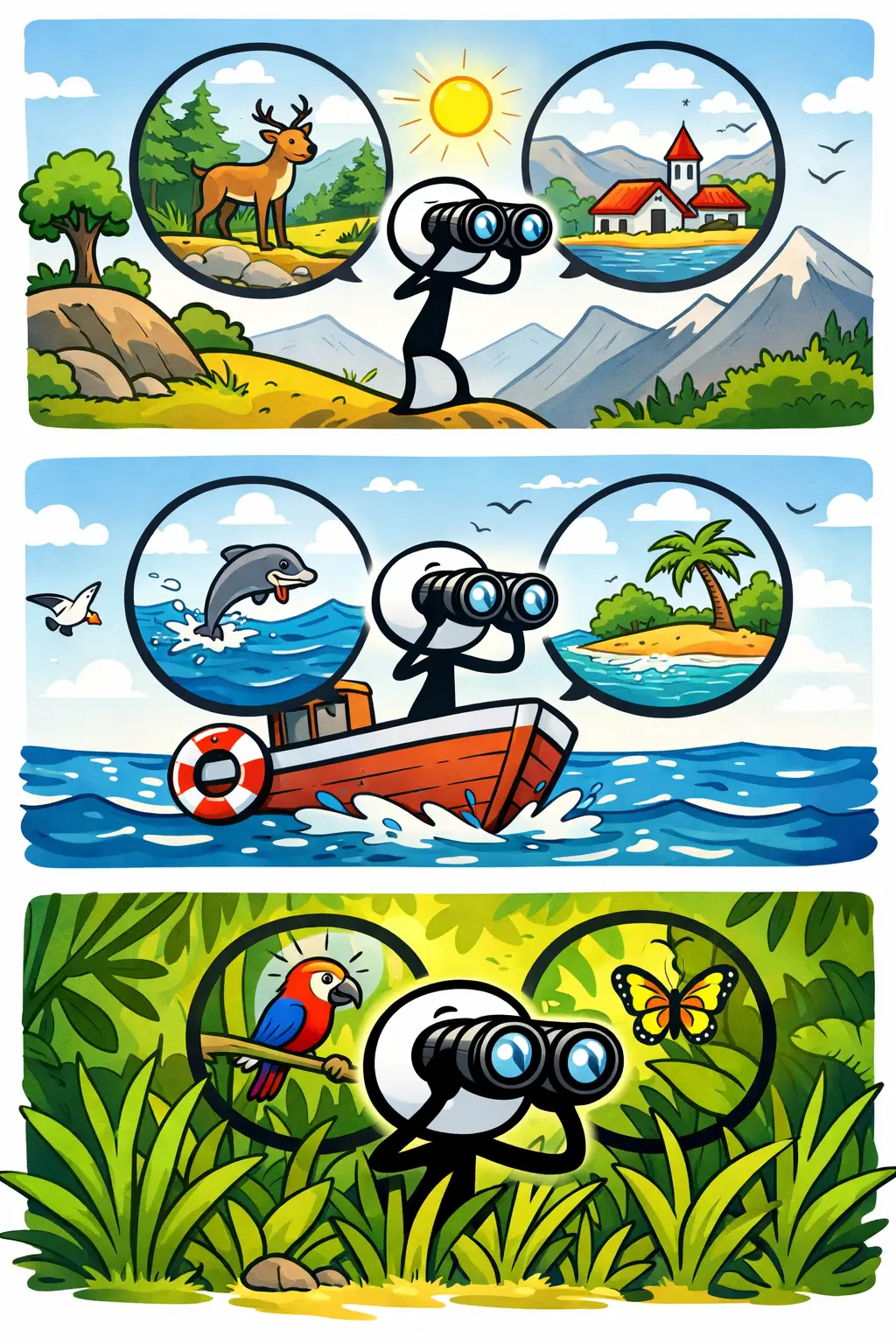 Stickman gebruikt een verrekijker om dieren en landschappen te bekijken.